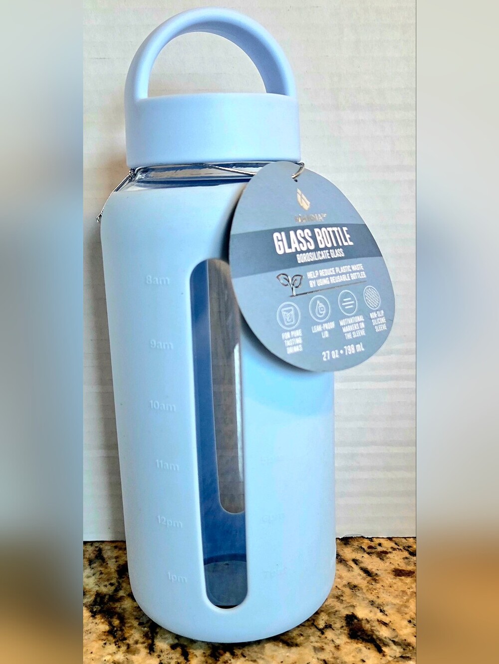 Manna Light Blue 27 Oz Glass Water Bottle with Silicone Sleeve
